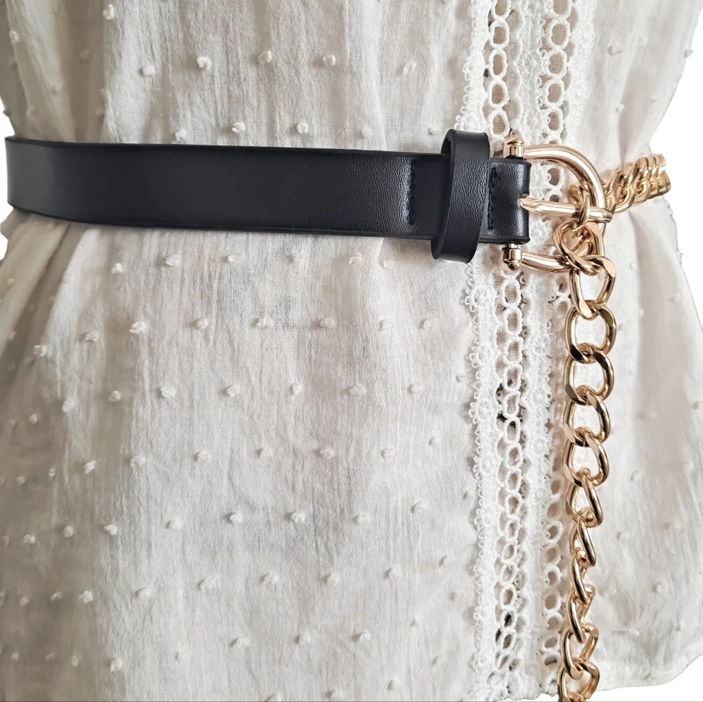 Womens edgy black Faux leather Y2K metal gold chain waist punk rock dress belt - Picture 12 of 17